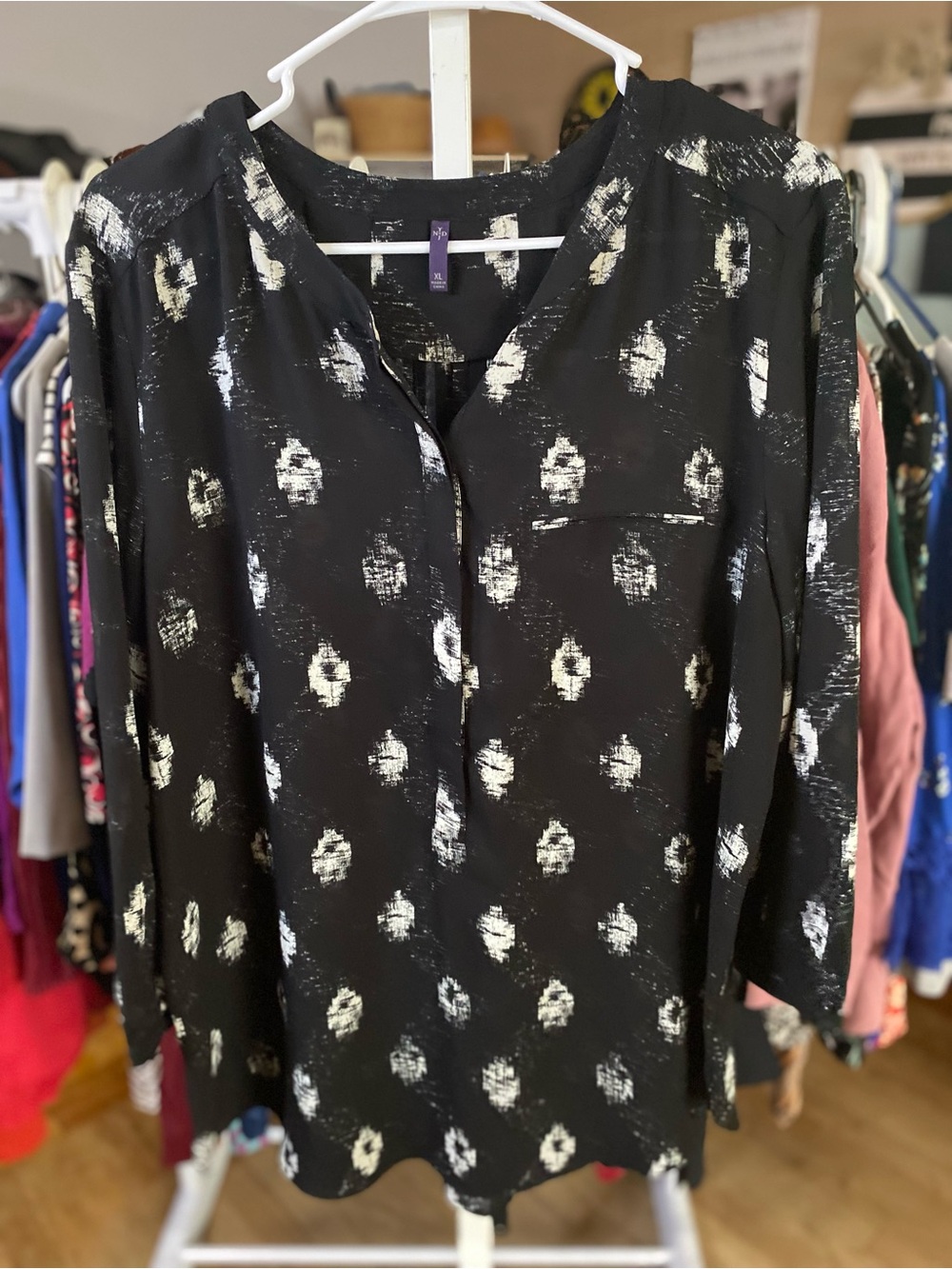 NYDJ Black Abstract White Dot Print Blouse